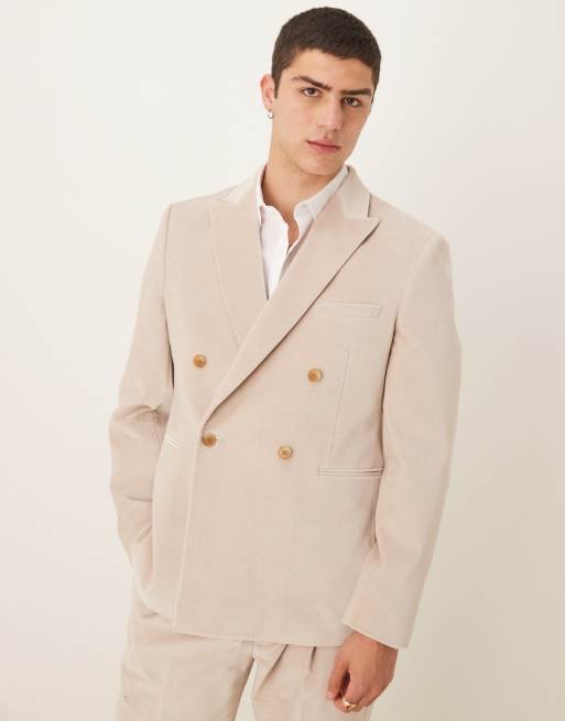 ASOS DESIGN - Giacca da abito doppiopetto slim in velluto di cotone color pietra