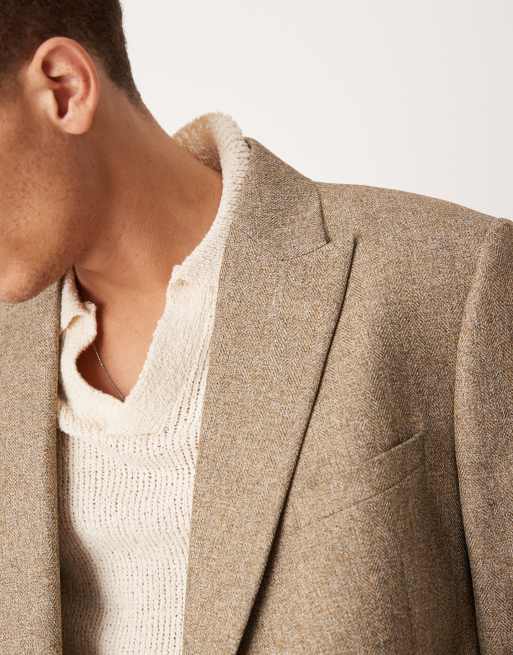 ASOS DESIGN - Giacca da abito doppiopetto slim marrone a spina di pesce, 3 di 5