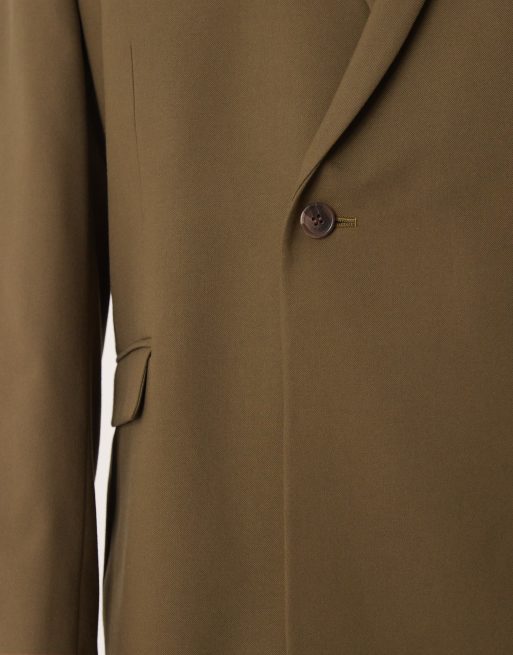 ASOS DESIGN - Giacca da abito doppiopetto squadrata avvolgente con collo sciallato in twill verde oliva, 5 di 5