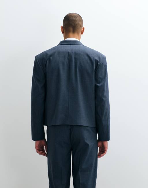 ASOS DESIGN - Giacca da abito doppiopetto squadrata blu a spina di pesce con scollo sciallato, 2 di 5
