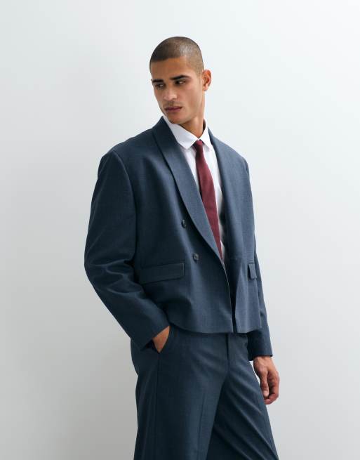 ASOS DESIGN - Giacca da abito doppiopetto squadrata blu a spina di pesce con scollo sciallato, 3 di 5