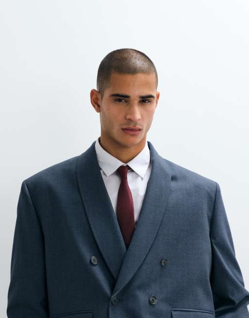 ASOS DESIGN - Giacca da abito doppiopetto squadrata blu a spina di pesce con scollo sciallato, 5 di 5