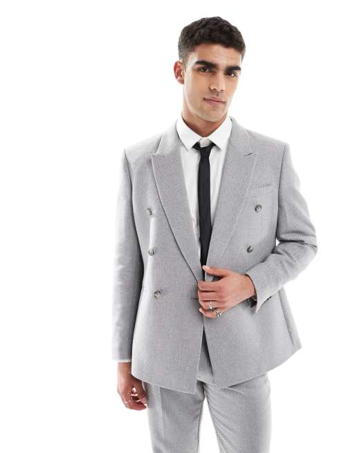 ASOS DESIGN - Giacca da abito doppiopetto vestibilità classica in misto lana grigia con intreccio a cesto