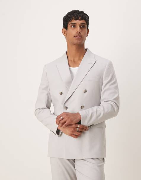 ASOS DESIGN - Giacca da abito doppiopetto vestibilità classica in misto lino color ciottolo - view 1