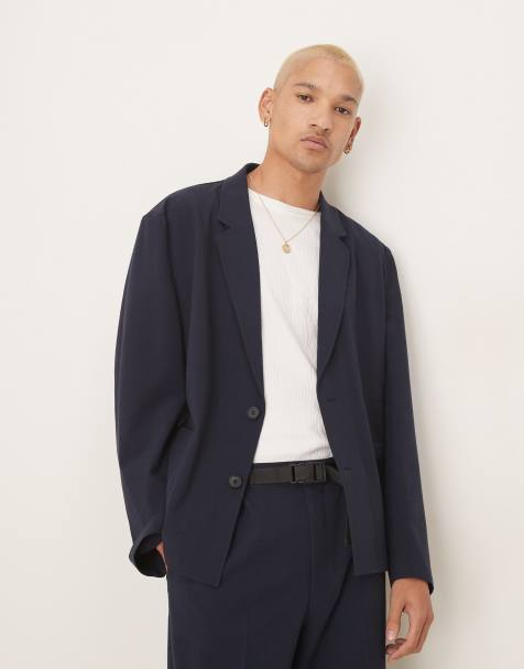 ASOS DESIGN - Giacca da abito extra larga squadrata blu navy in seersucker - view 1