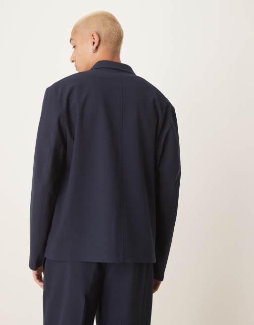 ASOS DESIGN - Giacca da abito extra larga squadrata blu navy in seersucker, 4 di 5
