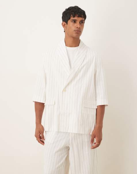 ASOS DESIGN - Giacca da abito oversize extra larga in misto lino bianca con motivo gessato - view 1