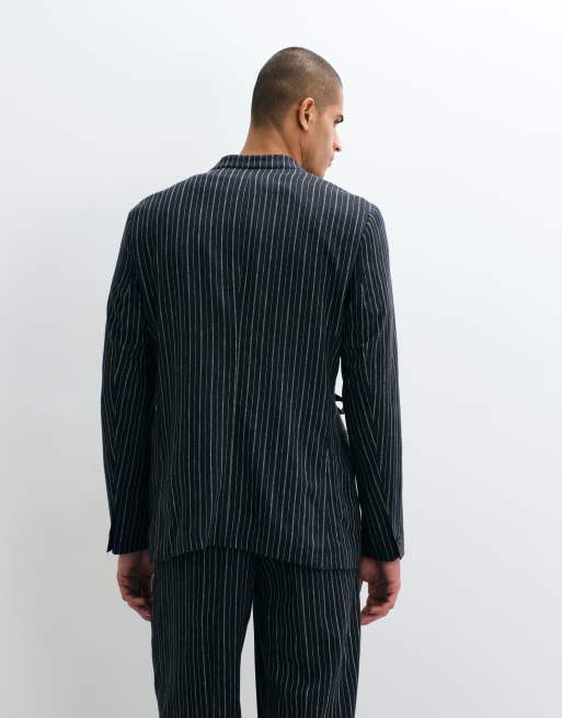 ASOS DESIGN giacca da abito regular in misto lino con cintura da annodare in vita a righe navy, 5 di 5