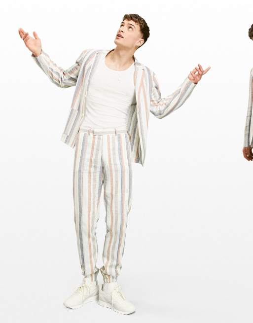 ASOS DESIGN - Giacca da abito sartoriale slim in morbido misto lino con righe bianche e blu multicolore
