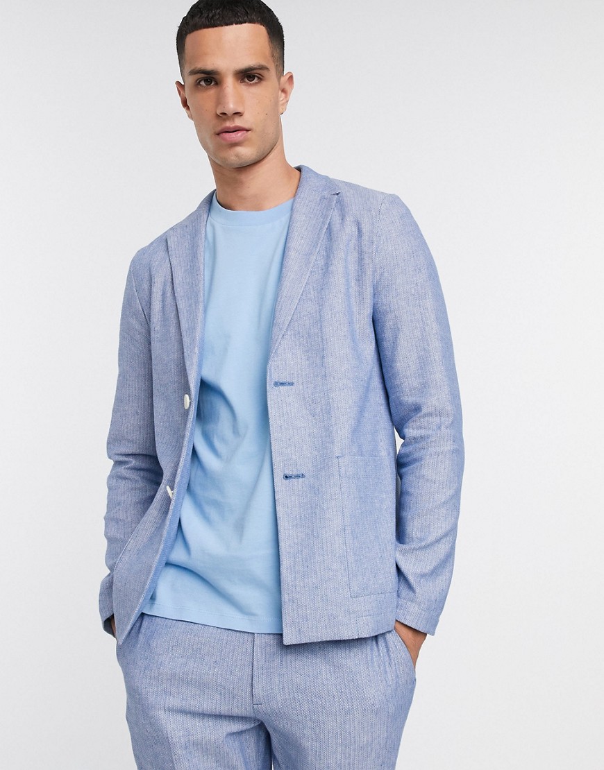 ASOS DESIGN - Giacca da abito skinny casual in misto lino blu navy e bianca