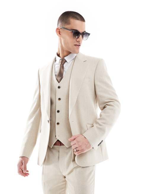 ASOS DESIGN - Giacca da abito skinny fit in misto lana color pietra con motivo a spina di pesce