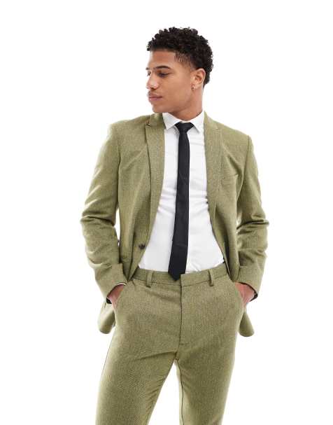 ASOS DESIGN - Giacca da abito skinny fit in misto lana verde oliva testurizzata con intreccio a cesto - view 1