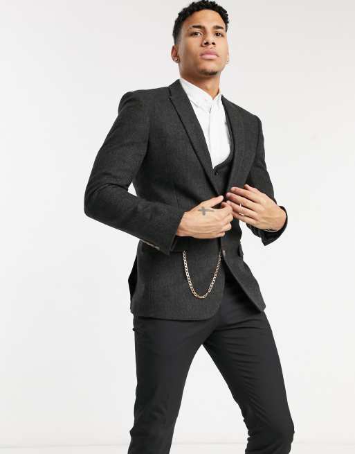 ASOS DESIGN - Giacca da abito skinny in misto lana con motivo a spina di pesce marrone e dettaglio con catena