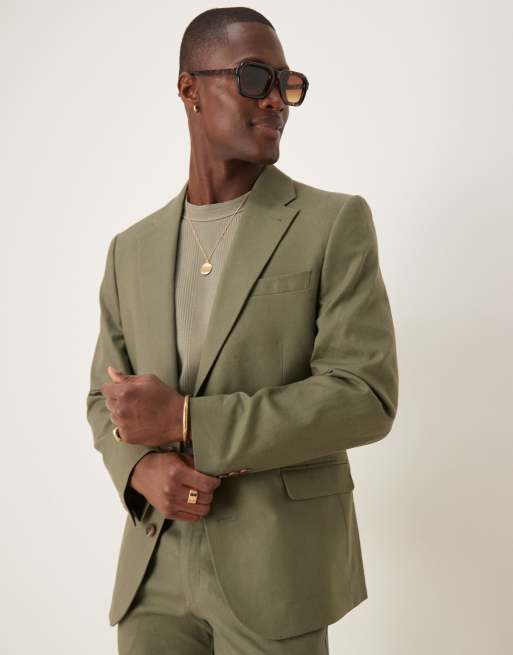 ASOS DESIGN - Giacca da abito skinny in misto lino color oliva