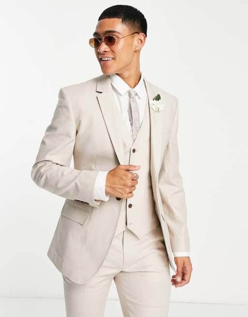 ASOS DESIGN - Giacca da abito skinny in misto lino color pietra
