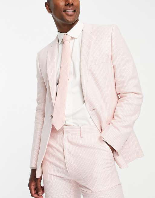ASOS DESIGN - Abito skinny in misto lino rosa gessato, 2 di 2