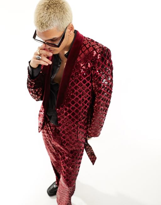 ASOS DESIGN - Giacca da abito skinny in velluto bordeaux a rombi con paillettes
