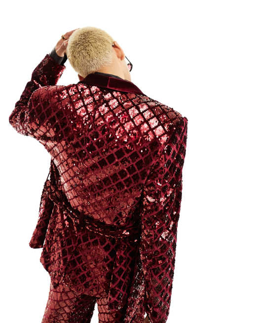 ASOS DESIGN - Giacca da abito skinny in velluto bordeaux a rombi con paillettes, 4 di 5