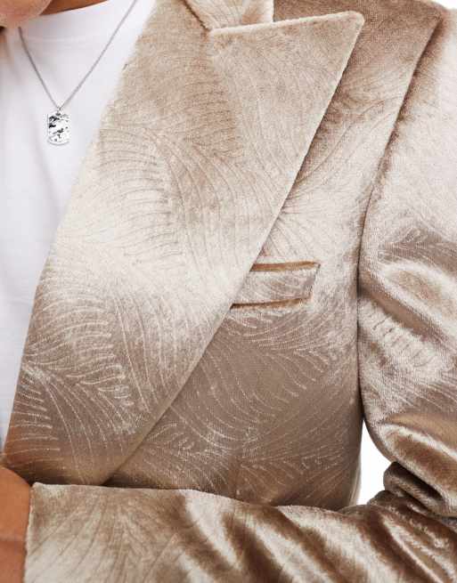 ASOS DESIGN - Giacca da abito skinny in velluto oro goffrato con rever ampio, 5 di 5