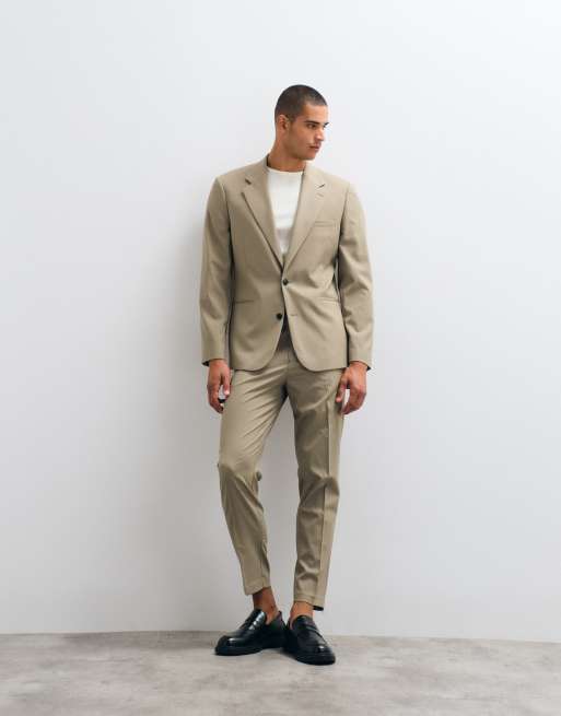 ASOS DESIGN giacca da abito slim a righe sottili color kaki, 3 di 5