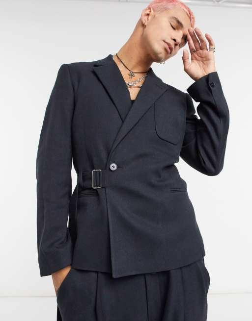 ASOS DESIGN - Giacca da abito slim corta nera in twill con pratiche fasce