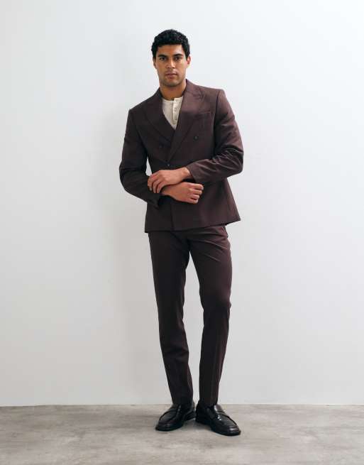 ASOS DESIGN giacca da abito slim doppiopetto in flanella marrone, 2 di 5
