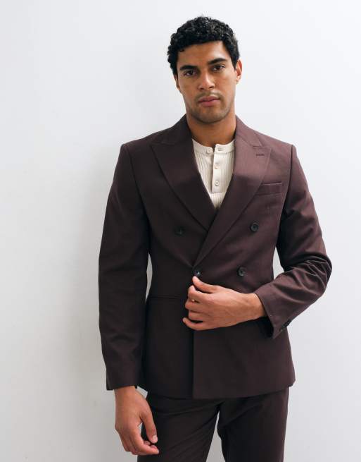 ASOS DESIGN giacca da abito slim doppiopetto in flanella marrone, 5 di 5