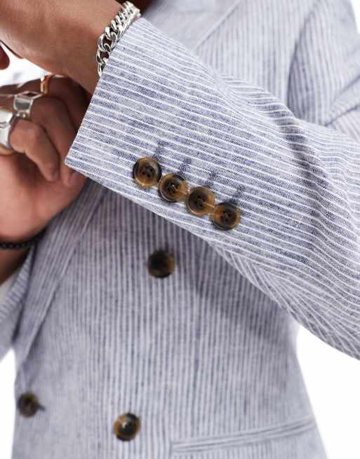 ASOS DESIGN - Giacca da abito slim doppiopetto in lino blu a righe, 3 di 5