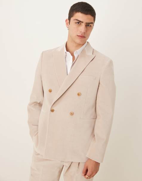 ASOS DESIGN - Giacca da abito slim doppiopetto in velluto di cotone leggero color pietra - view 1