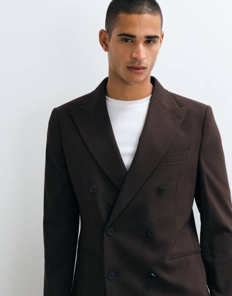 ASOS DESIGN giacca da abito slim doppiopetto marrone scuro - view 1