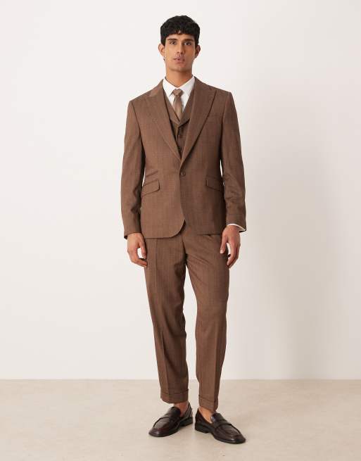 ASOS DESIGN - Giacca da abito slim effetto lana in twill marrone a spina di pesce, 2 di 5