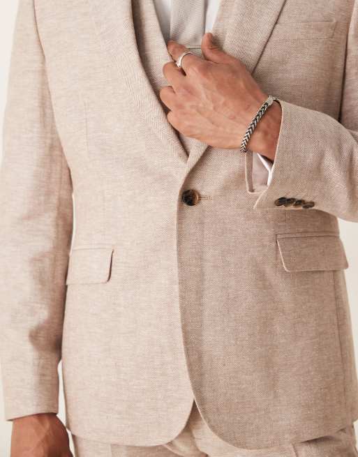 ASOS DESIGN - Giacca da abito slim fit marrone con motivo a spina di pesce in misto lino e cotone, 3 di 5
