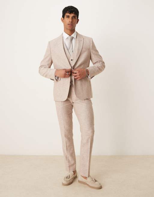 ASOS DESIGN - Giacca da abito slim fit marrone con motivo a spina di pesce in misto lino e cotone, 4 di 5