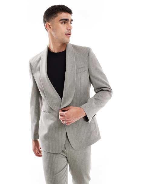 ASOS DESIGN - Giacca da abito slim grigia a spina di pesce in misto lino con collo scialato - view 1