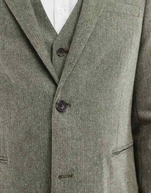 ASOS DESIGN - Giacca da abito slim in misto lana verde a spina di pesce, 5 di 5