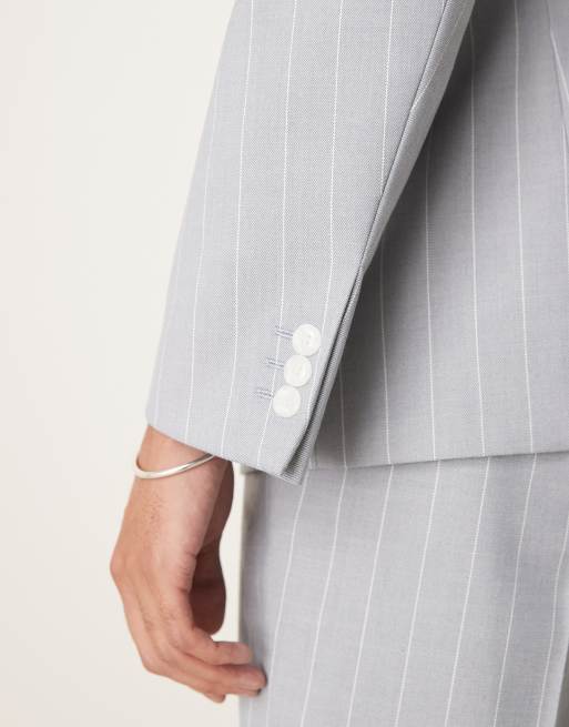 ASOS DESIGN - Giacca da abito slim in misto lino blu gessato, 3 di 5