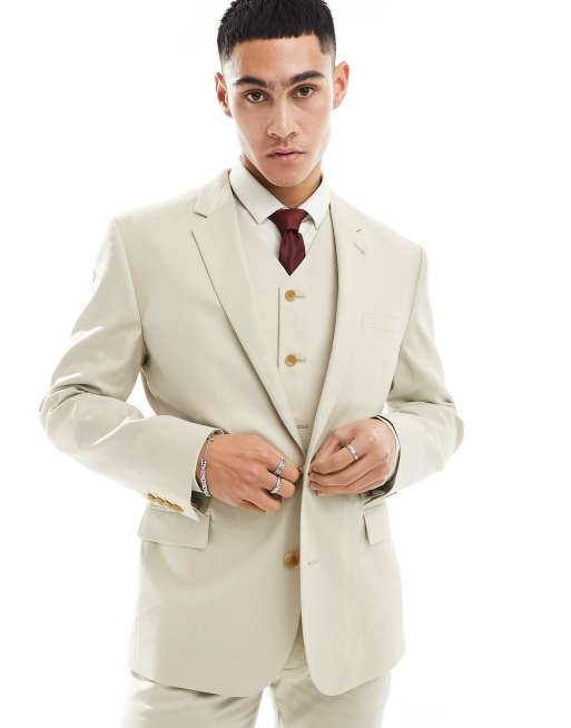 ASOS DESIGN - Giacca da abito slim in misto lino color pietra