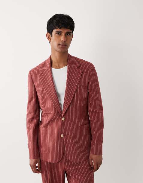 ASOS DESIGN - Giacca da abito slim in misto lino color terracotta a righe - view 1