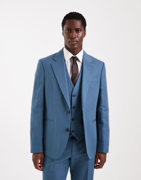 ASOS DESIGN - Giacca da abito slim in twill di misto lino blu medio - view 1