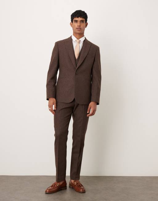 ASOS DESIGN - Giacca da abito slim marrone con motivo a spina di pesce in misto lana, 2 di 5