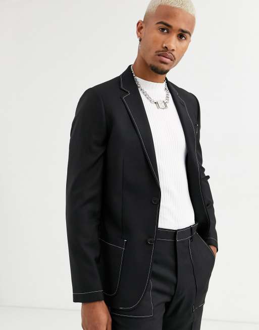 ASOS DESIGN - Abito slim nero con cuciture bianche a contrasto, 2 di 3