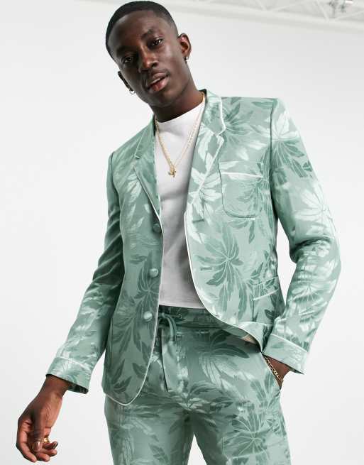 ASOS DESIGN - Giacca da abito slim verde in rasatello con stampa a fiori, colore verde