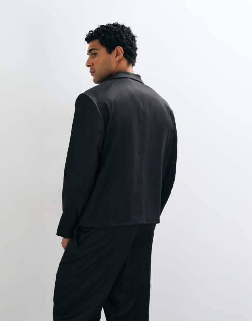 ASOS DESIGN giacca da abito squadrata avvolgente effetto denim nero, 4 di 5