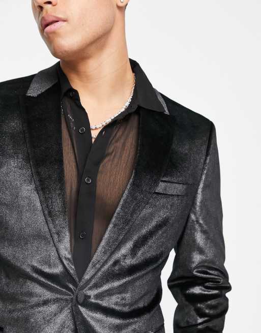 ASOS DESIGN - Giacca da abito super skinny in velluto nero e argento, 3 di 4