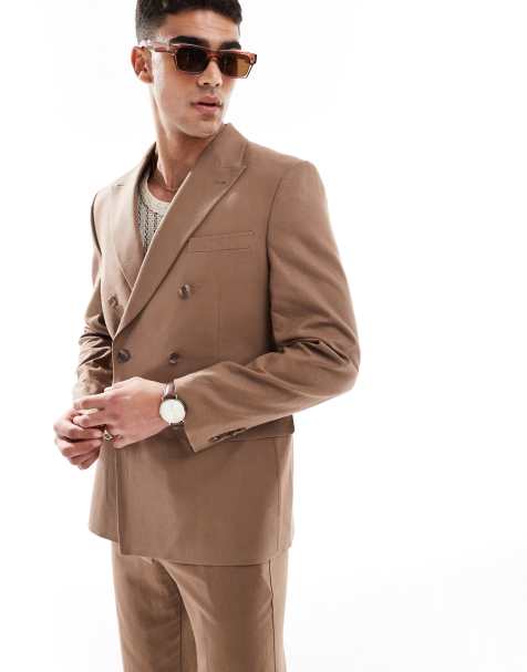 ASOS DESIGN - Giacca da abito vestibilità classica doppiopetto in misto lino marrone - view 1