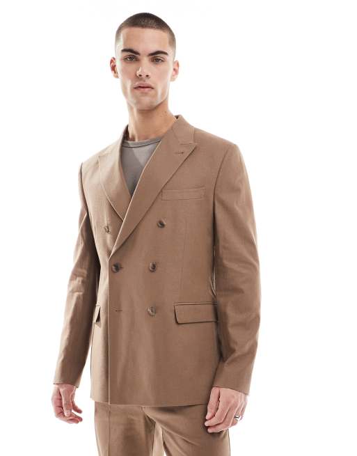 ASOS DESIGN - Giacca da abito vestibilità classica doppiopetto in misto lino marrone
