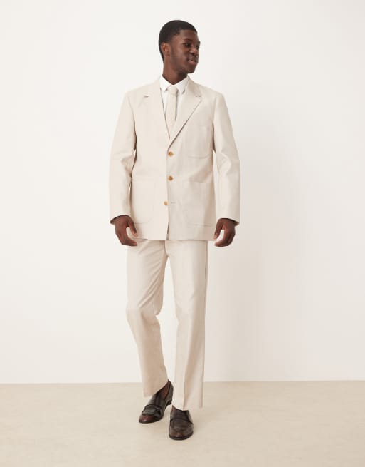 ASOS DESIGN - Giacca da abito vestibilità classica in twill di misto cotone e lino color pietra, 2 di 5