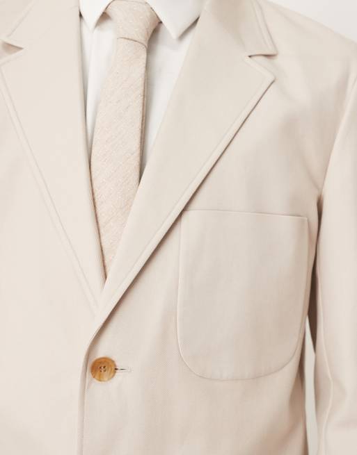 ASOS DESIGN - Giacca da abito vestibilità classica in twill di misto cotone e lino color pietra, 3 di 5