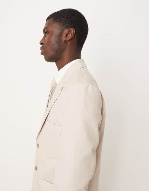 ASOS DESIGN - Giacca da abito vestibilità classica in twill di misto cotone e lino color pietra, 5 di 5
