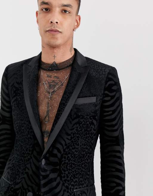 ASOS DESIGN - Giacca da smoking skinny in velluto con glitter nero tigrato